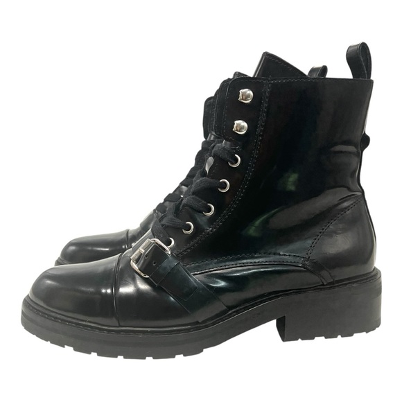 All Saints Donita Black Leather Croc Embossed Combat Moto Biker Boots Women’s 40 - Picture 7 of 16